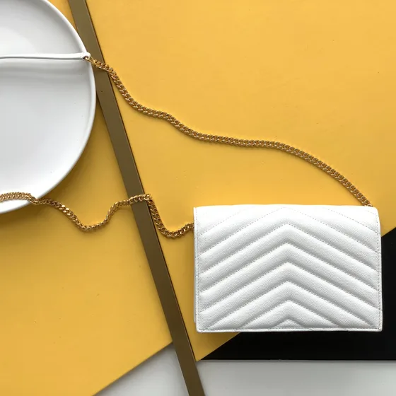 YSL Cassandre Matelass Envelope Chain Wallet White Woc