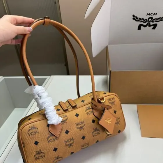 MCM Aren Boston Bag In Visetos Cognac Shoulder Bag