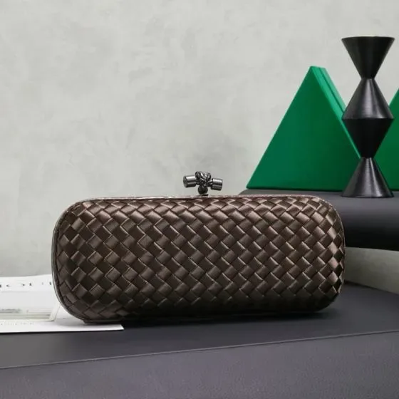 Bottega Veneta Intreccio Satin Knot Clutch Metallic Bronze Clutch