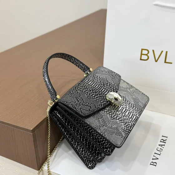 Bvlgari Serpenti Forever Top Handle Bag Black Silver Metallic Snakeskin Top Handle