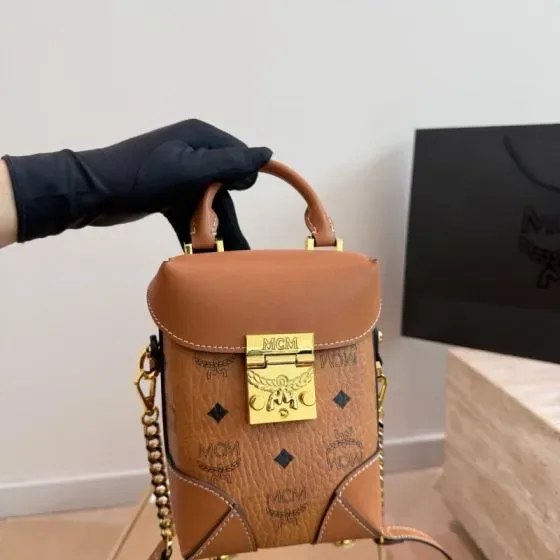 MCM Berlin Visetos Crossbody Box Bag Cognac Brown Crossbody