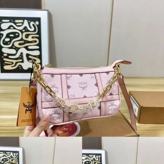 MCM Aren Visetos Chain Pouch Pink Crossbody