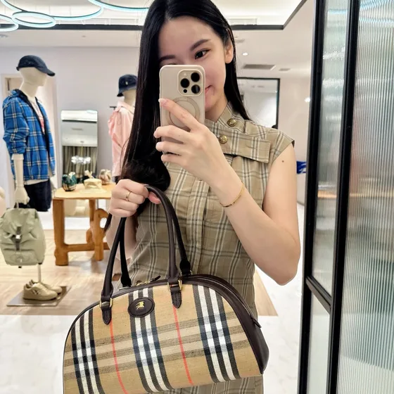 Burberry Vintage Check Large Bowling Bag Beige Brown Shoulder Bag