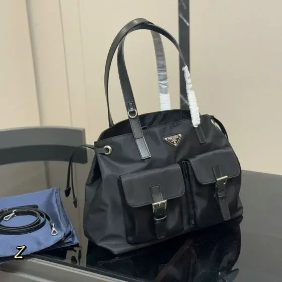 Prada Re-Nylon Medium Tote Bag With Pockets Black Tote Bag