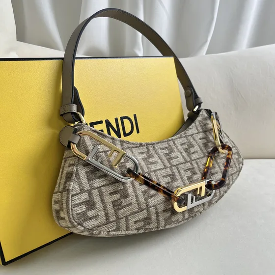 Fendi O Lock Swing Beige Brown Shoulder Bag
