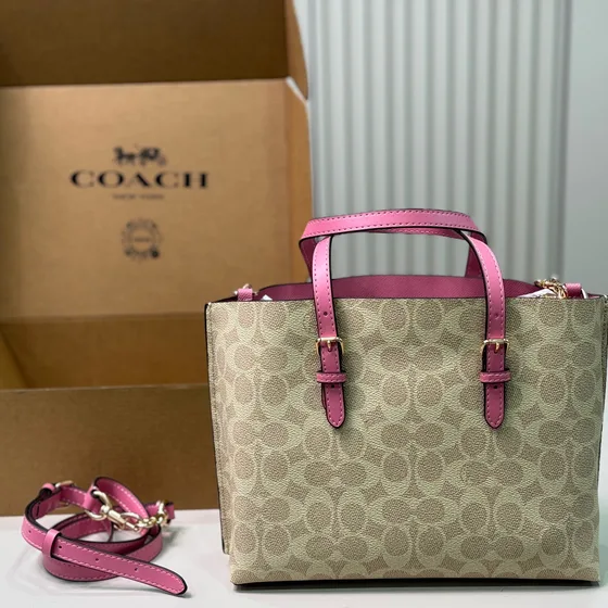 Coach Mollie Tote 25 In Signature Canvas With Strap And Charms Khaki/Petunia Tote Bag