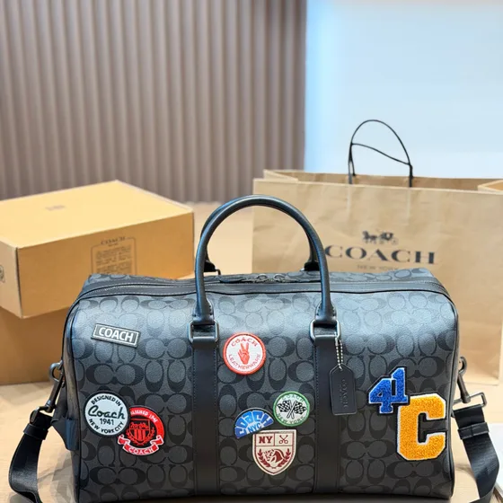 Coach Venture Weekender In Signature Canvas With Patches Charcoal Black Duffle Bag