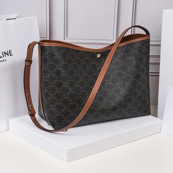 Celine Medium Triomphe Canvas Hobo Bag Black With Tan Trim Hobo