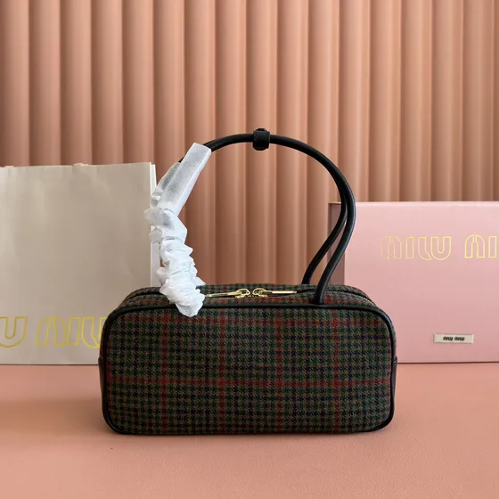 Miu Miu Top Handle Checked Mini Bag Khaki Brown Green Red Plaid With Black T Top Handle