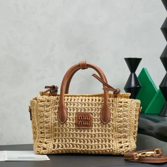 Miu Miu Crochet Raffia Top Handle Bag Beige Brown Top Handle