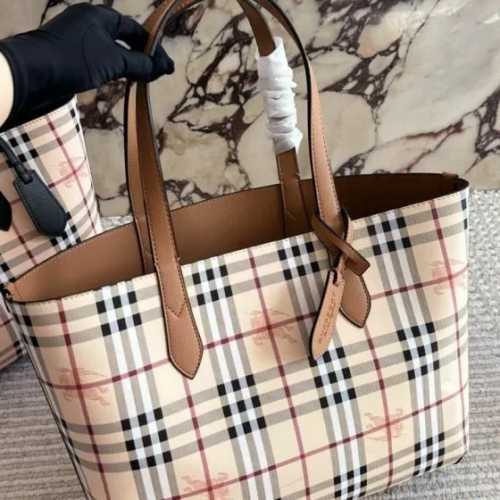 Burberry Haymarket Check Tote Beige Briar Brown Tote Bag
