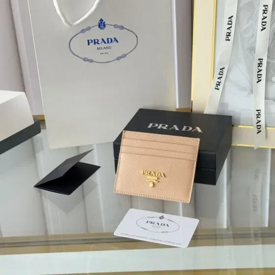 Prada Saffiano Leather Card Holder Beige Card Holder