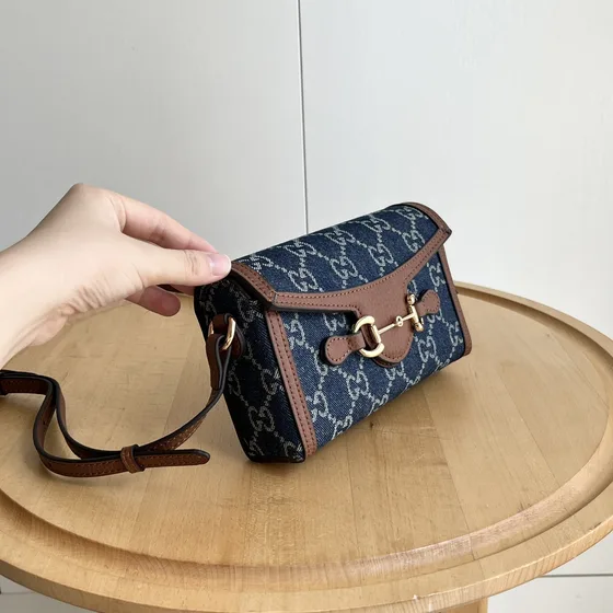 Gucci Horsebit 1955 Mini Bag(699296) Denim Bleu/Marron 18/12/5cm Crossbody