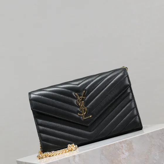 YSL Cassandre Matelassé Envelope Chain Plånbok Svart Woc