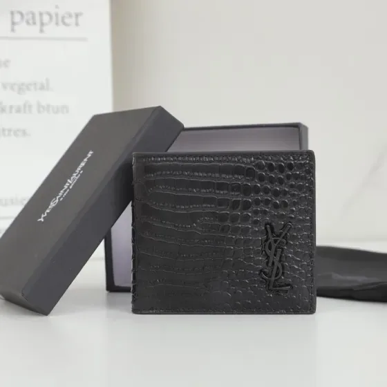 YSL Monogram East West Wallet In Crocodile-Embossed Leather Black Wallet