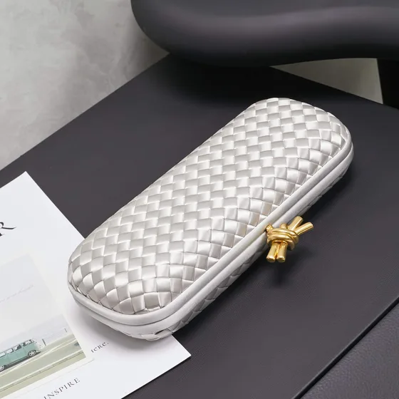 Bottega Veneta Intreccio Silk Knot Clutch White Clutch