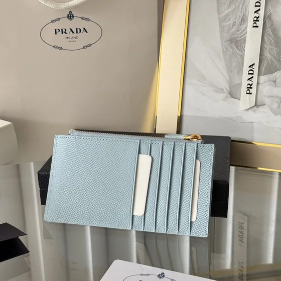 Prada Saffiano Couro Card Holder With Zipper Light Azul Card Holder