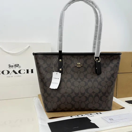 Coach City Zip Tote In Signature Vải bạt Nâu Đen Tote Bag