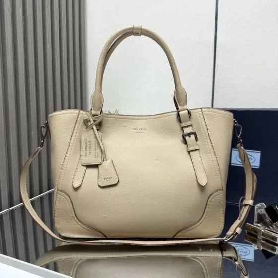 Prada Leather Handbag With Shoulder Strap Beige Tote Bag