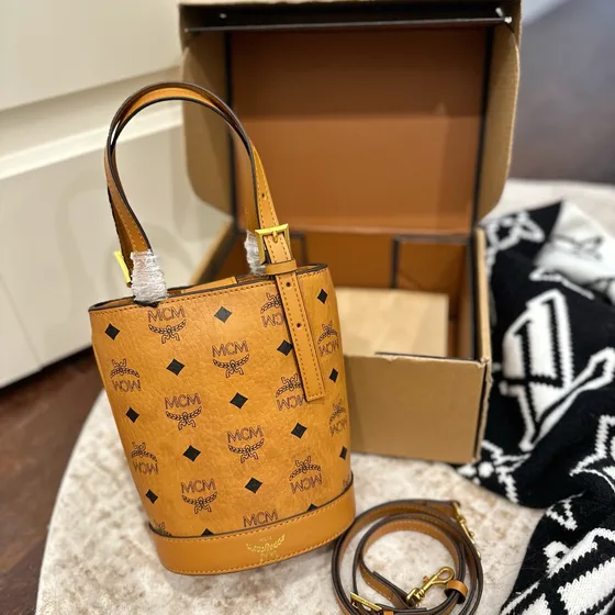 MCM Aren Mini Bucket Bag In Visetos Cognac Brown Crossbody Shoulder Bag