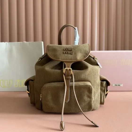Miu Miu Corduroy Backpack Khaki Brown Backpack