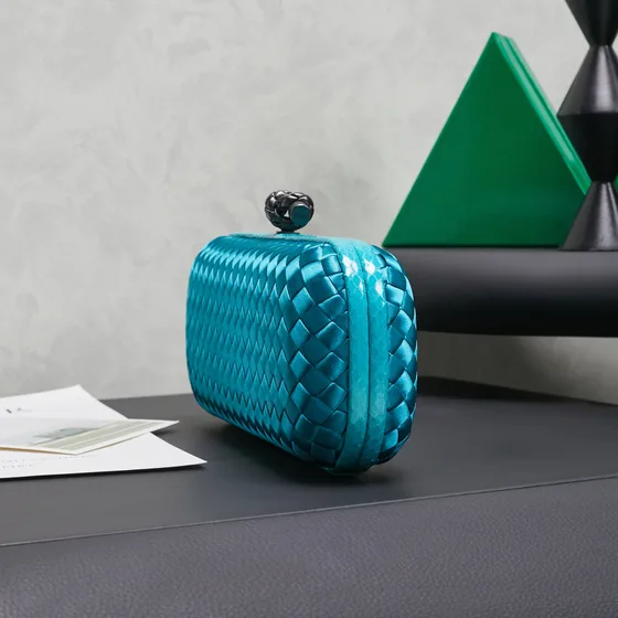 Bottega Veneta Intrecciato Satin Knot Clutch Turquoise Clutch