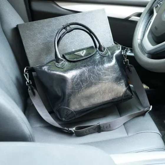 Prada Leather Top Handle Bag With Shoulder Strap Black Top Handle