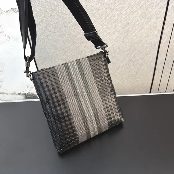 Bottega Veneta Intrecciato Striped Crossbody Messenger Bag Black Grey Crossbody
