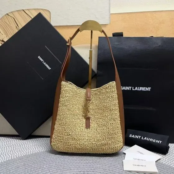 YSL Le 5 7 Raffia Hobo Bag Natural Beige Brown Hobo