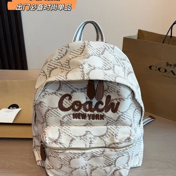 Coach Coach New York Signature Backpack สีขาว With สีน้ำตาล Accents Backpack