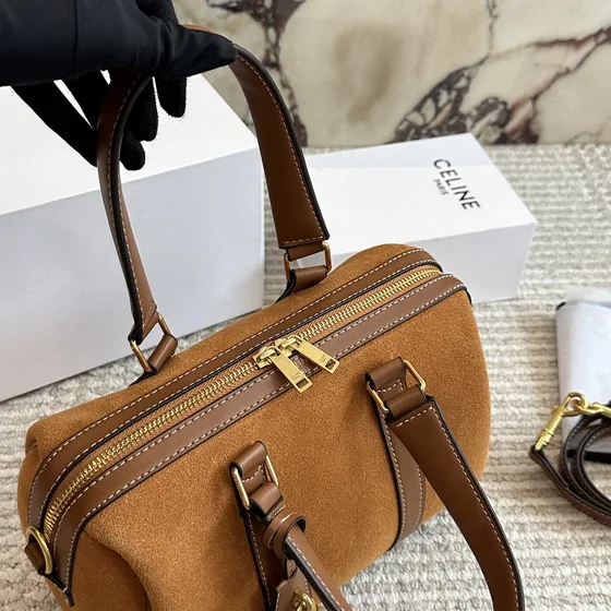Celine Triomphe Boston Bag Tan Marrom Alça superior