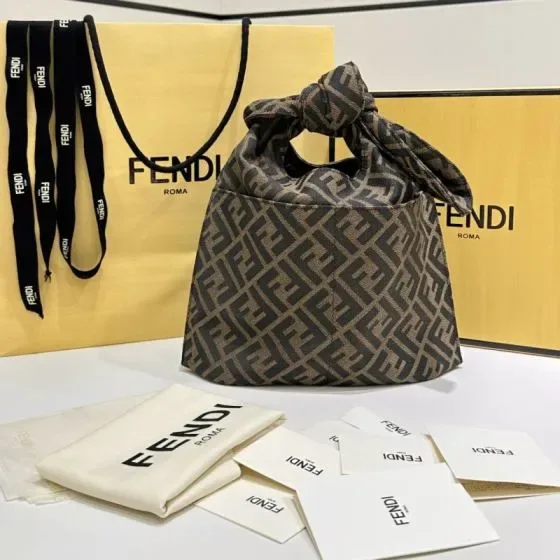 Fendi Ff Jacquard Knot Top Handle Bag Brown Grey Top Handle
