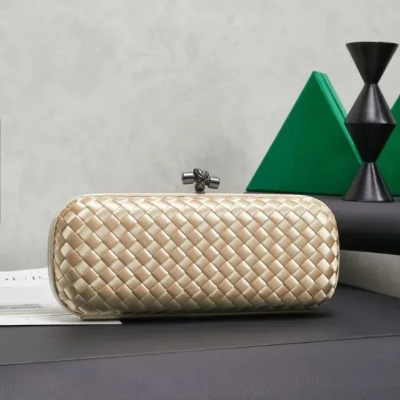 Bottega Veneta Intreccio Satin Knot Clutch Champagne Gold Clutch