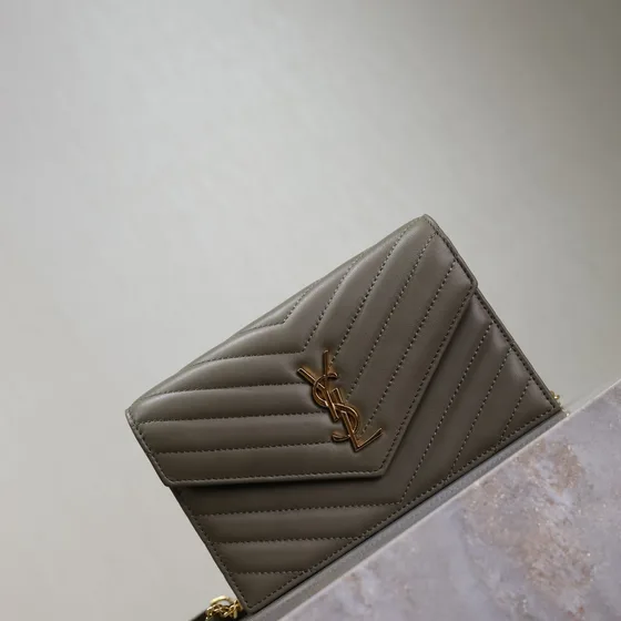 YSL Cassandre Matelass Envelope Chain Wallet Grey Woc