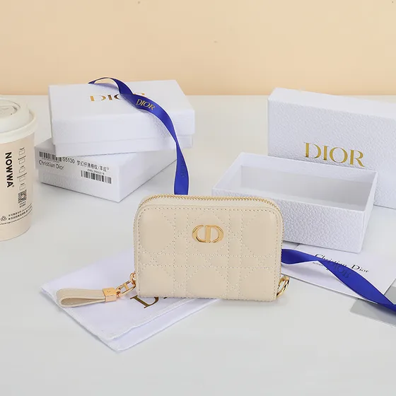 Dior Dior Caro Compact Zipped Coin Purse Beige Coin Purse