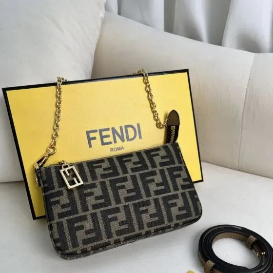 Fendi Ff Motif Chain Pouch With Strap Brown Grey Ff Jacquard Pouch