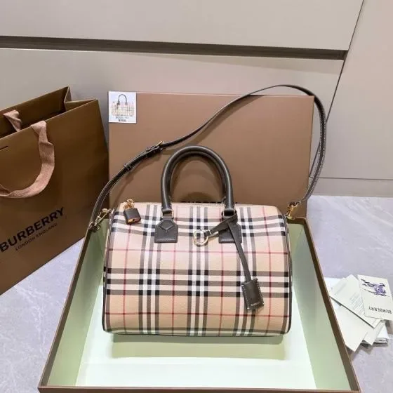 Burberry Check And Leather Bowling Bag Beige Brown Top Handle