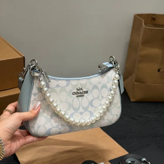Coach Teri Shoulder Bag In Signature Canvas Light Blue/White Shoulder Bag
