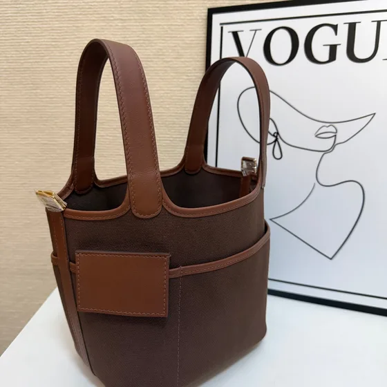 Hermes Cabas H En Biais Tote Bag Coklat Tote Bag
