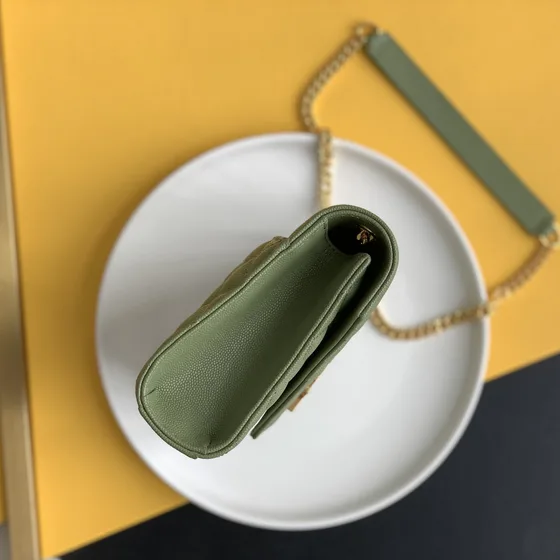 YSL Cassandre Matelassé Envelope Chain Wallet Light Avocado Hijau Woc