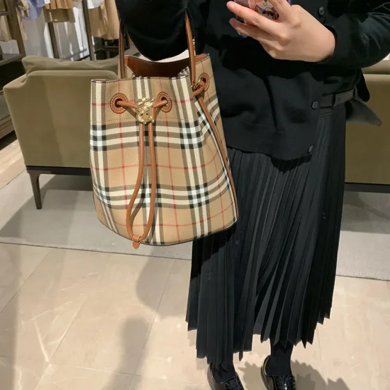 Burberry Vintage Check Drawstring Bucket Bag Beige Briar Brown Crossbody Top Handle Bucket Bag
