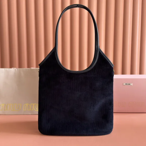 Miu Miu Corduroy Logo Tote Bag Black Tote Bag Shoulder Bag