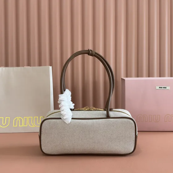 Miu Miu Canvas Leather Top Handle Bag Beige With Brown Trim Top Handle