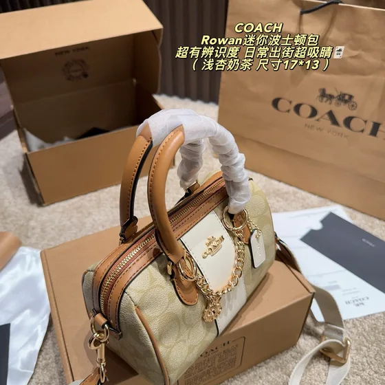 Coach Rowan Mini Boston Bag Light Apricot Milk Tea 17*13cm Top Handle