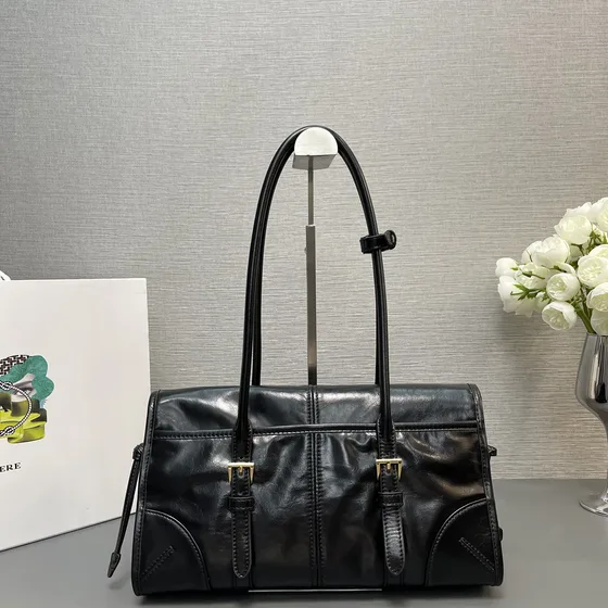 Prada Soft Kulit sapi muda Top Handle Shoulder Bag Hitam Top Handle