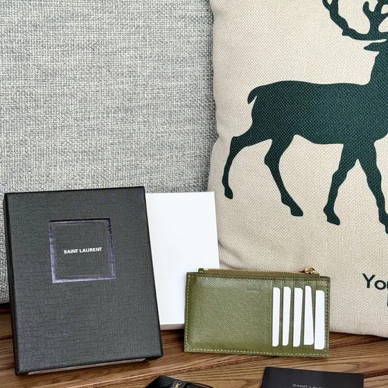 YSL Cassandre Matelass Fragments Zipped Card Case Olive Green Card Holder