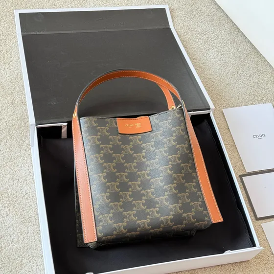 Celine Bucket 16 Bag Tan Triomphe Canvas With Brown Leather T Shoulder Bag