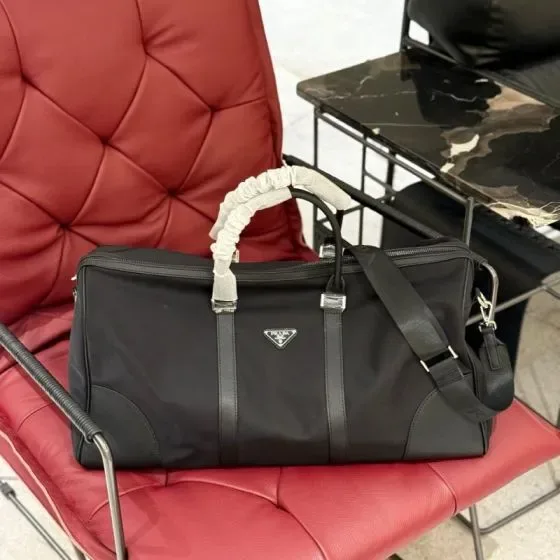 Prada Re-Nylon And Saffiano Leather Travel Duffle Bag Black Top Handle