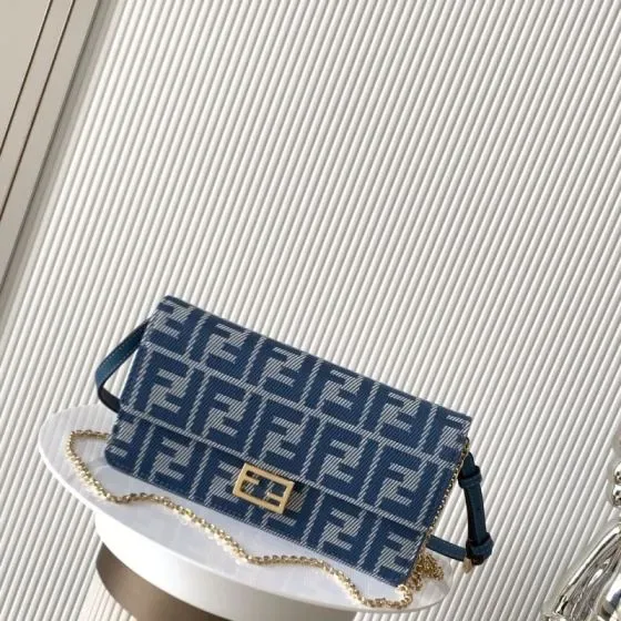 Fendi Baguette Chain Wallet Blue Woc
