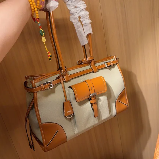 Prada Tela Pelle Tote Beige And Arancione Borsa tote